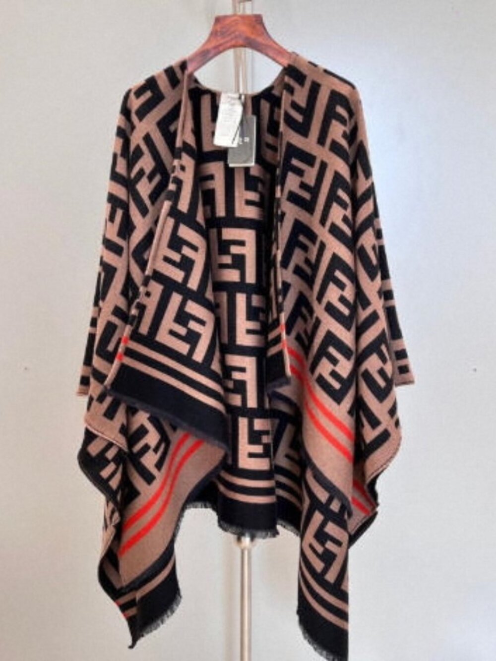 Fendi Black and Tan Logo Poncho with Orange Accents
